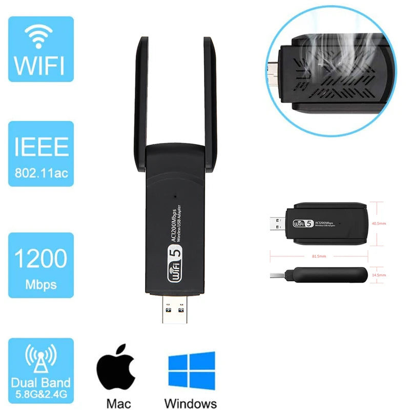 Adaptateur WiFi/Bluetooth double bande noir avec icônes de connectivité WiFi, IEEE 802.11ac et 1200 Mbps