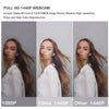 Three close-up shots of a woman using a Full HD 1440P webcam for video recording.