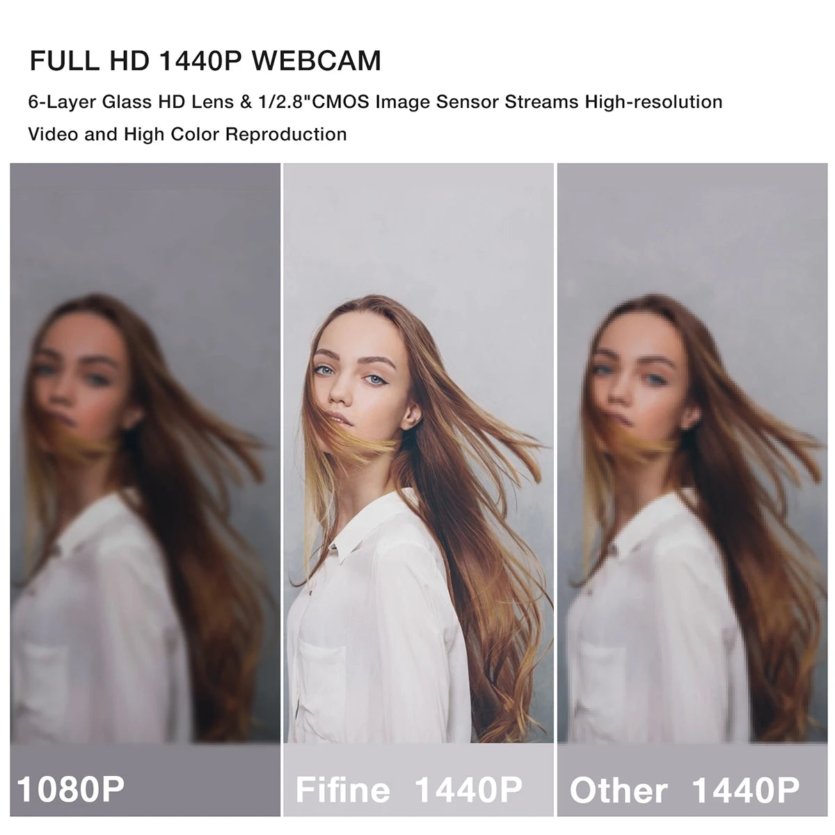 Three close-up shots of a woman using a Full HD 1440P webcam for video recording.