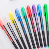 A collection of twelve glitter gel pens in various colors including pink, yellow, blue, green, and purple.