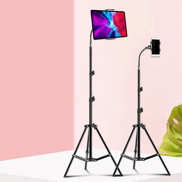 A black adjustable tripod stand holding a tablet displaying a vibrant blue and purple abstract design.