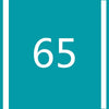 A teal square background with the white number 65 centered, framed by vertical stripes.