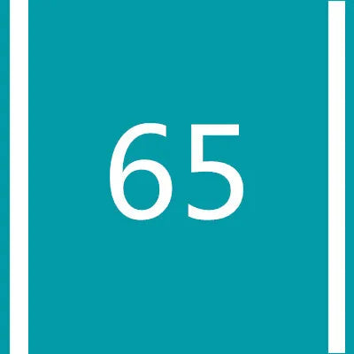 A teal square background with the white number 65 centered, framed by vertical stripes.
