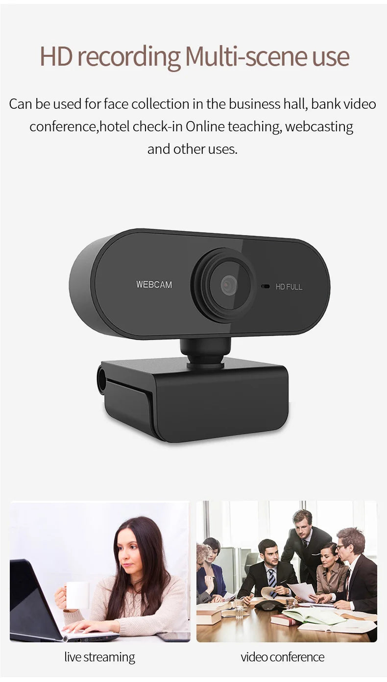 A black HD recording multi-scene webcam device shown with usage examples like live streaming and video conference.