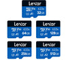 A collection of Lexar memory cards showing various capacities including 32GB, 64GB, and 256GB models.