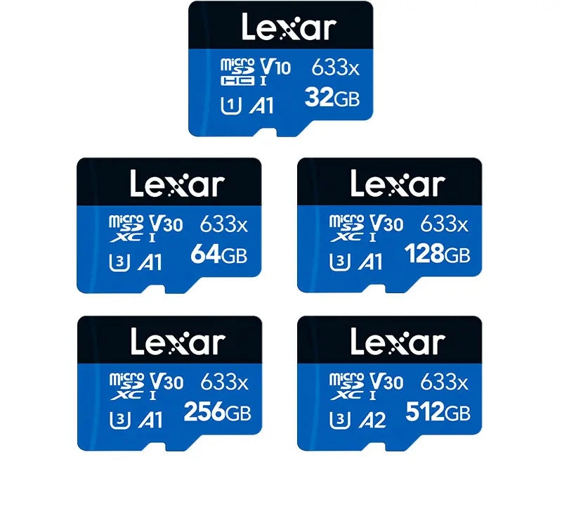 A collection of Lexar memory cards showing various capacities including 32GB, 64GB, and 256GB models.