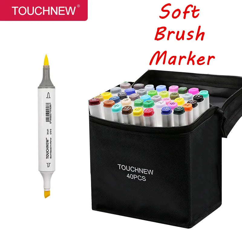 A black pouch containing a set of Touchnew soft brush markers for drawing and manga.