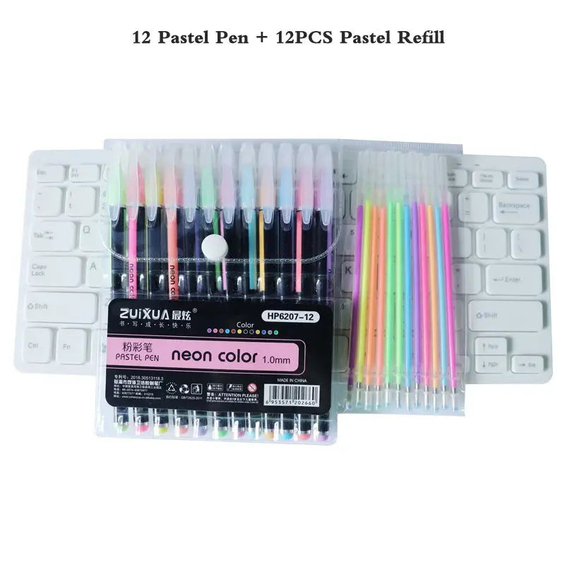 A set of 12 pastel pens and 12 refill packs for art and doodling