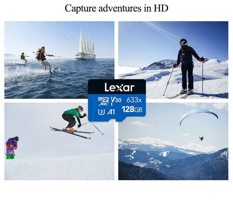 Four panels showing adventure activities captured in HD, including sailing, skiing, and skydiving.