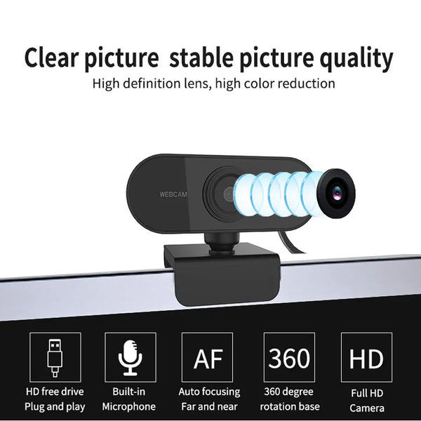 Black 1080P HD webcam with features including auto focusing microphone and 360 degree rotation base