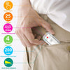A hand holds a USB rechargeable LED book reading light, showing its features like lumens, battery capacity, and dimmable brig