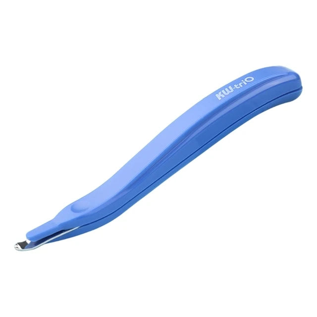 A blue magnetic staple remover tool with a push-button action.