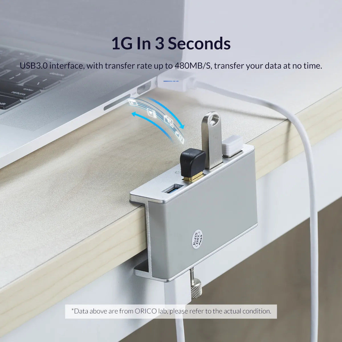 A silver multi-port USB 3.0 hub with a clip is shown connecting to a laptop for data transfer.