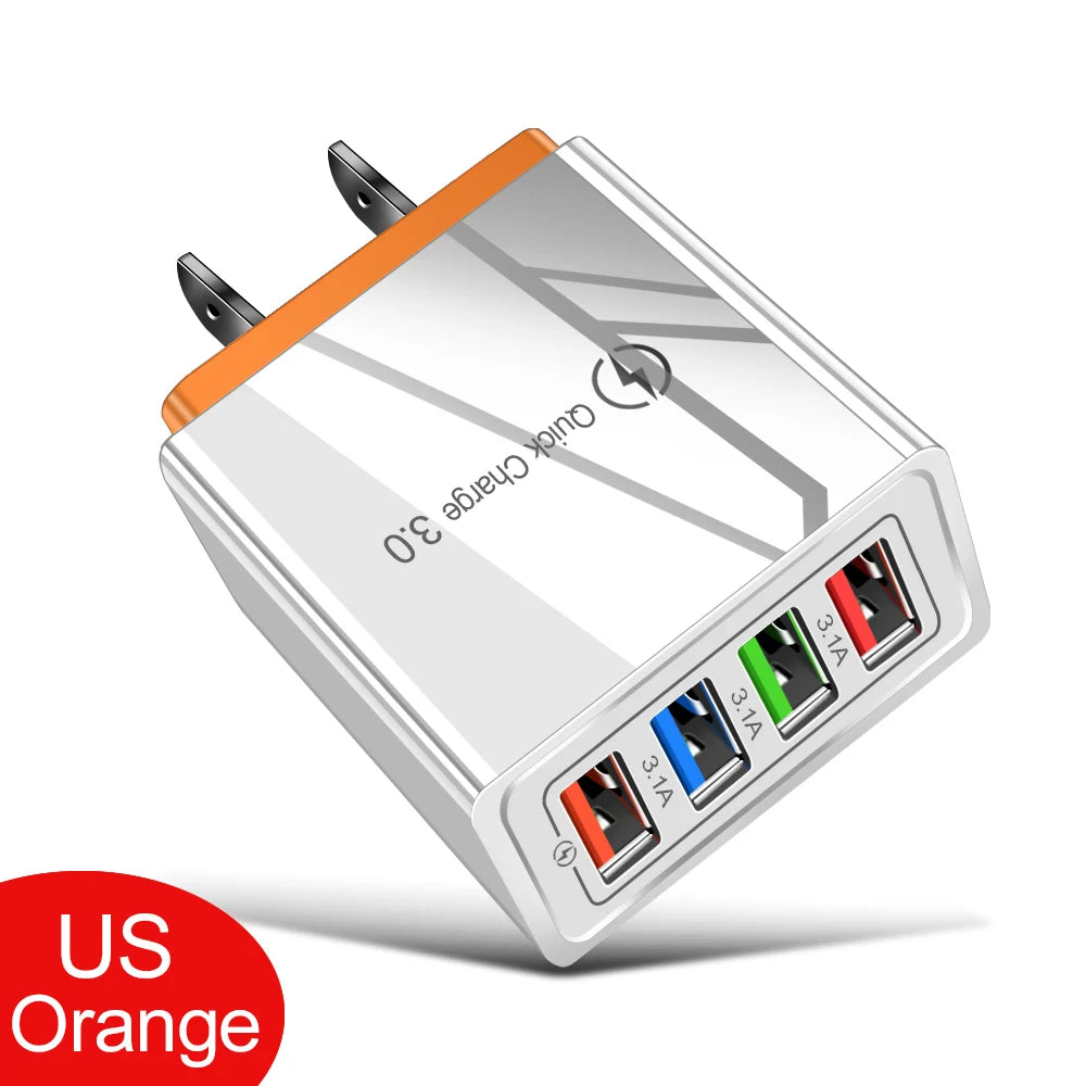 A silver wall adapter with an orange tip and four USB-C charging ports for mobile devices.