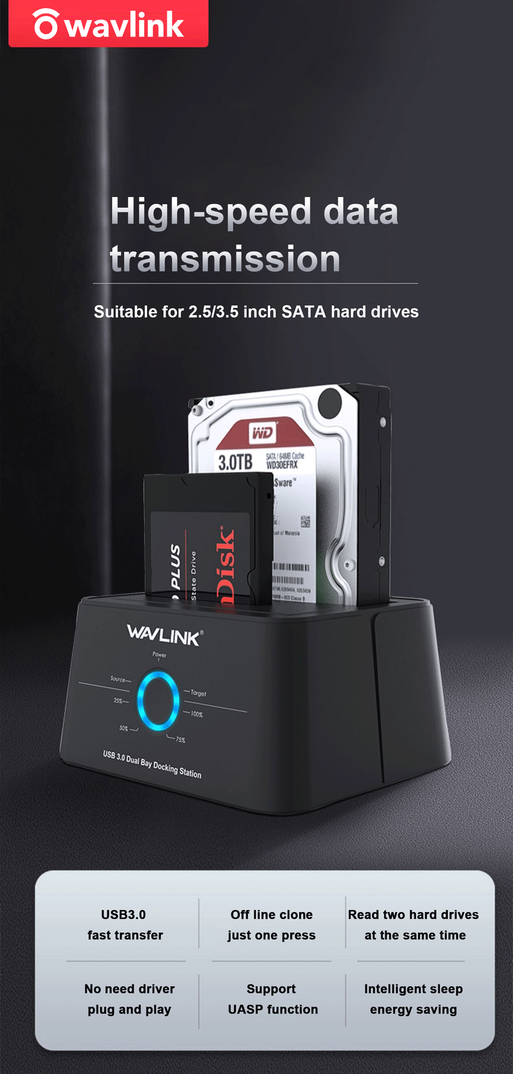 A black WAVLINK dual bay USB 3.0 docking station for high-speed data transmission, suitable for 2.5/3.5 inch SATA hard drives