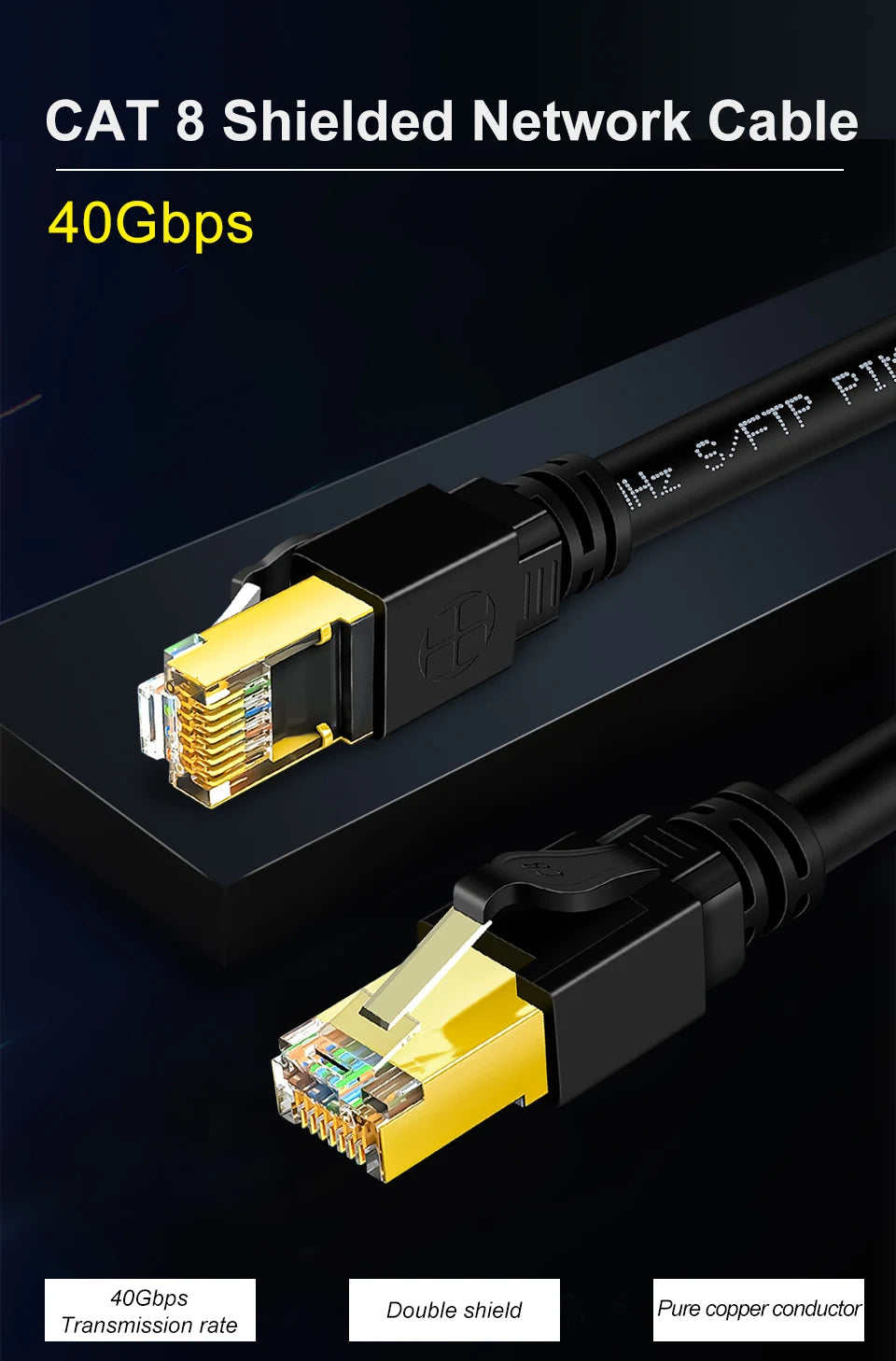 Schwarzes CAT 8 abgeschirmtes Netzwerkkabel mit goldfarbener Steckverbindung, das die 40-Gbps Übertragungsrate und Doppelschi