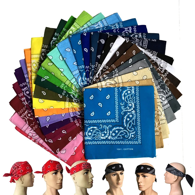 A variety of colorful 100% cotton bandana square scarves and bandanas displayed in a fan shape.