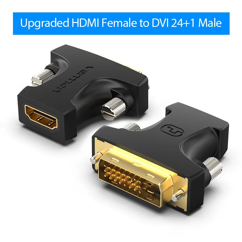 محول أسود يحوّل موصل HDMI أنثى إلى موصل DVI ذكر.