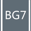 A gray square with white text BG7 on a dark gray vertical stripe background.