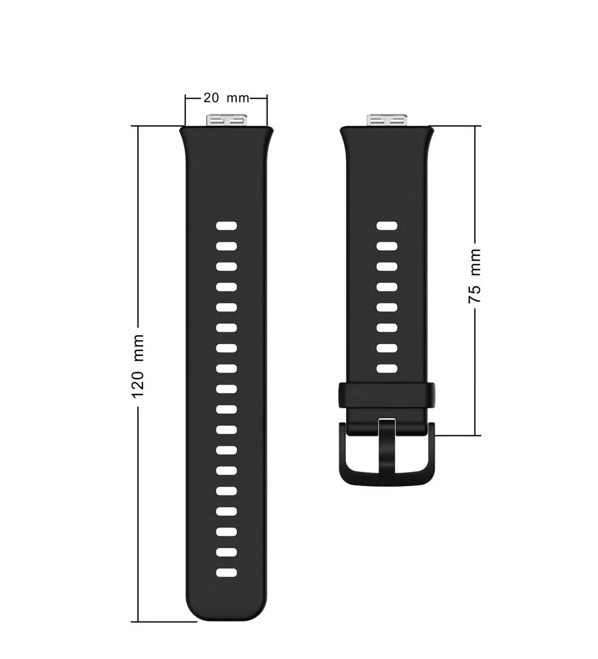 Schwarze Silikonarmband für einen Huawei Fitness-Tracker mit Abmessungen