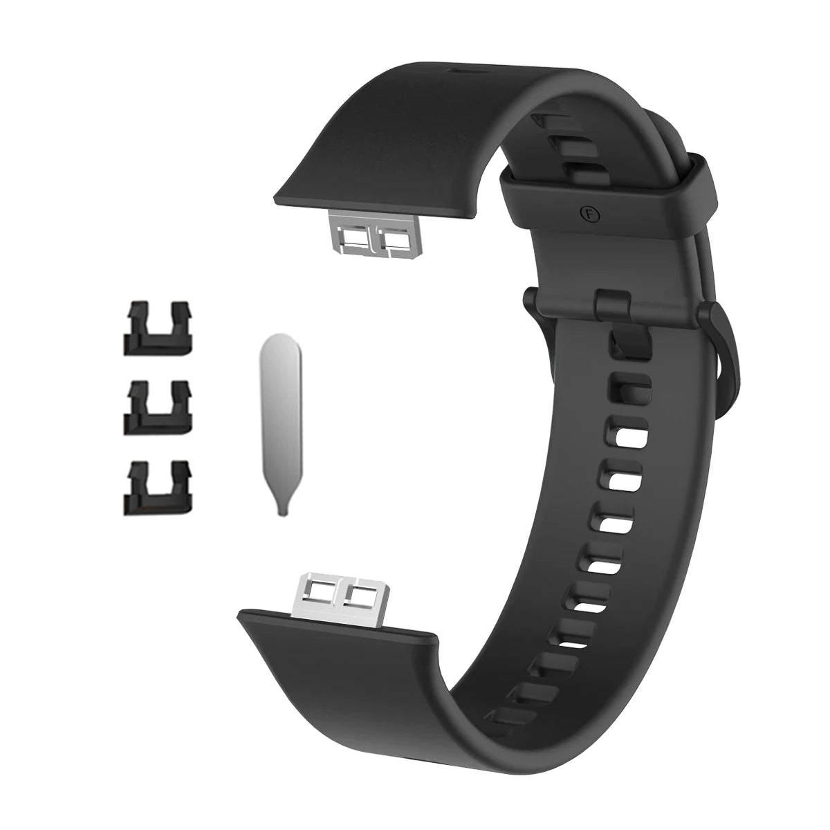 Schwarze Silikonarmbanduhr mit Schnalle und mehreren austauschbaren Armbandbefestigungen