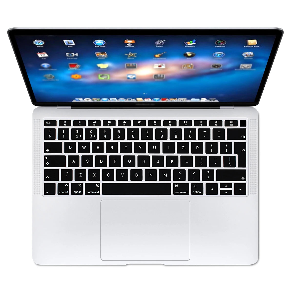 A white silicone keyboard cover for a MacBook Air or Pro laptop is shown open.