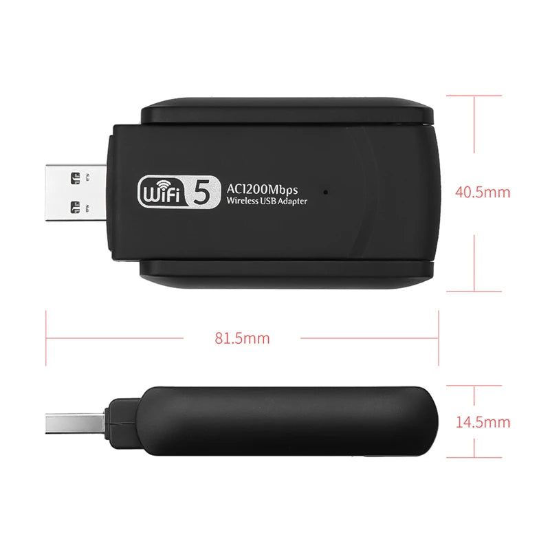 Adaptateur USB sans fil WiFi 5 AC1200Mbps noir avec ses dimensions.