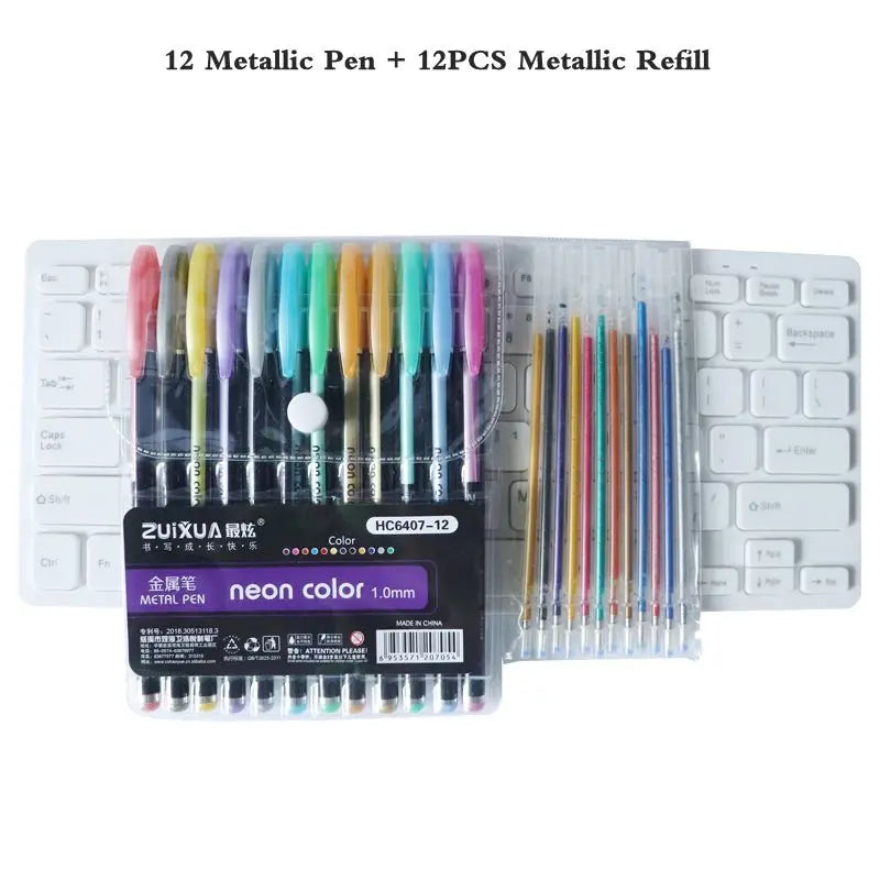 A set of 12 metallic pens and 12 refill packs for art and doodling