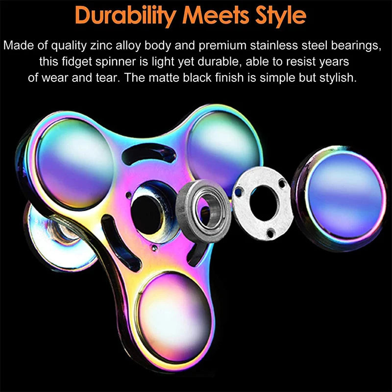 A rainbow metal fidget spinner with multiple spinning components and a matte black finish.