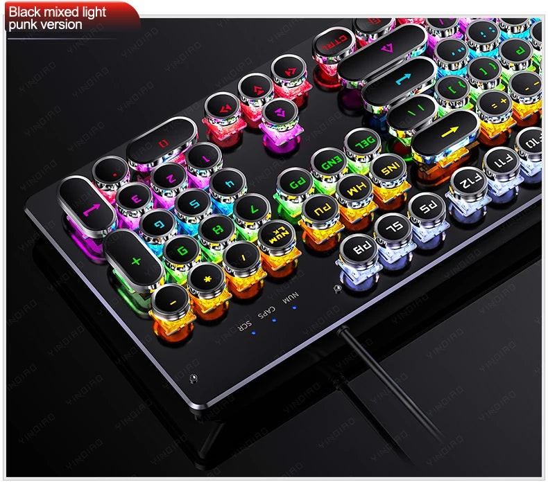 A close-up view of a black mixed light punk version mechanical keyboard with colorful keycaps and switches.