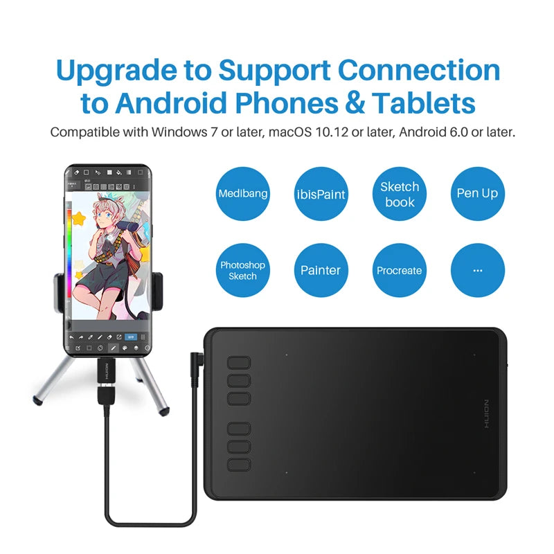 Tablette graphique et stylet avec compatibilité pour téléphones et tablettes Android.
