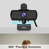 A black webcam is shown with a wide angle lens and a microphone, demonstrating 360 degree flexible rotation and automatic whi