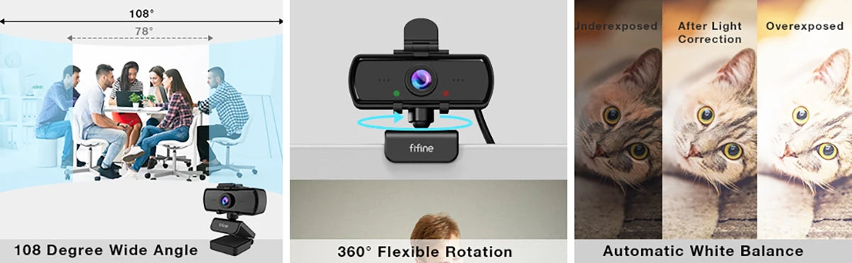 A black webcam is shown with a wide angle lens and a microphone, demonstrating 360 degree flexible rotation and automatic whi