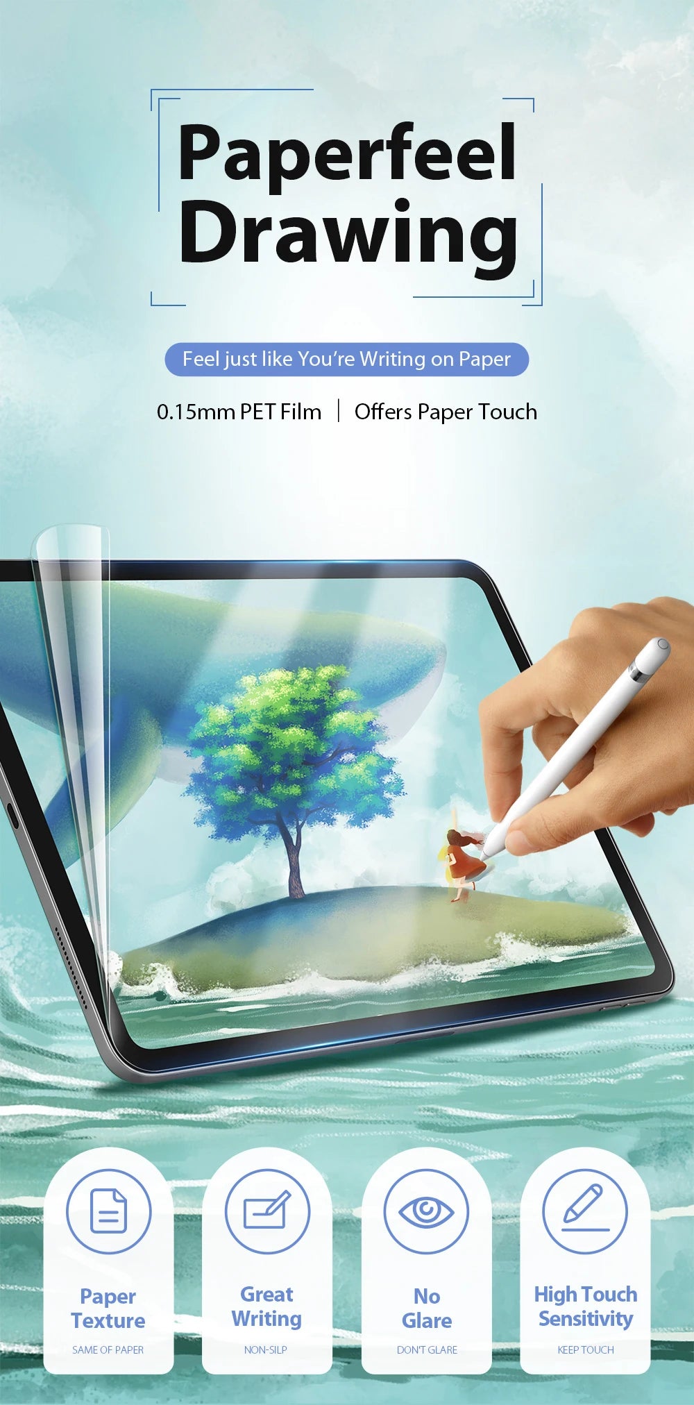 A hand draws on a tablet screen using a stylus, demonstrating the Paperfeel Drawing feature.