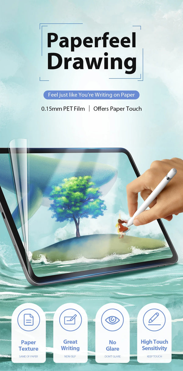 A hand draws on a tablet screen using a stylus, demonstrating the Paperfeel Drawing feature.