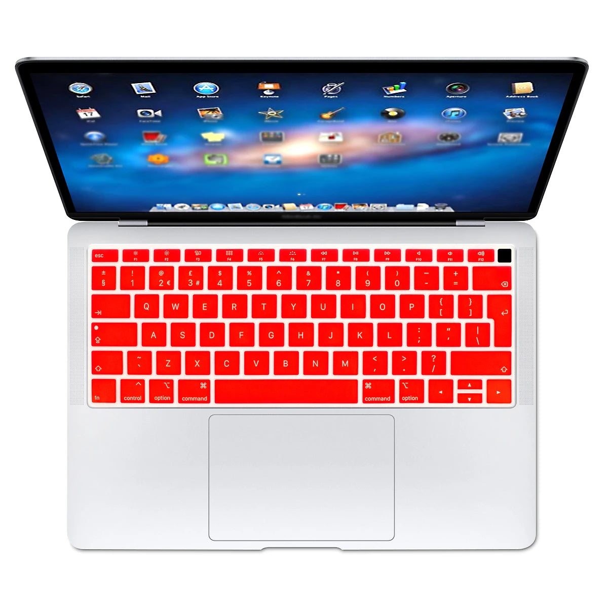 A white silicone keyboard cover for a MacBook, showing the laptop with its lid open.