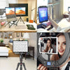 A 360° rotating tablet stand is shown in three views: a desktop setup, a handheld device being used, and a woman using it for