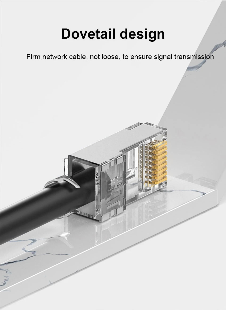Close-up of a Dovetail design network cable connector with gold-plated modular RJ45 terminals.