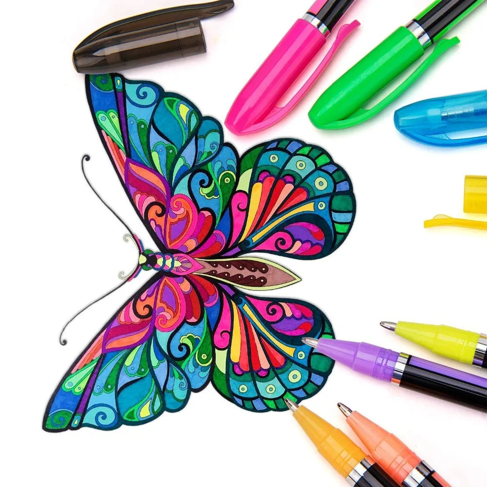 A collection of 12 colorful glitter gel pens in various colors like pink, green, blue, and black are displayed on a white bac