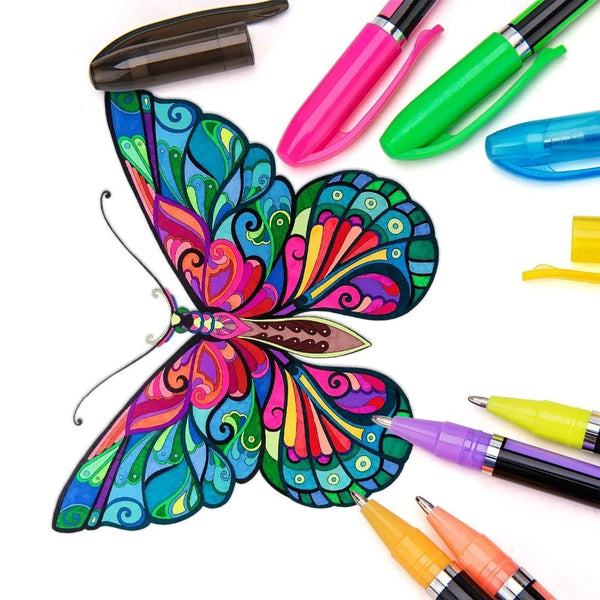 A collection of 12 colorful glitter gel pens in various colors like pink, green, blue, and black are displayed on a white bac