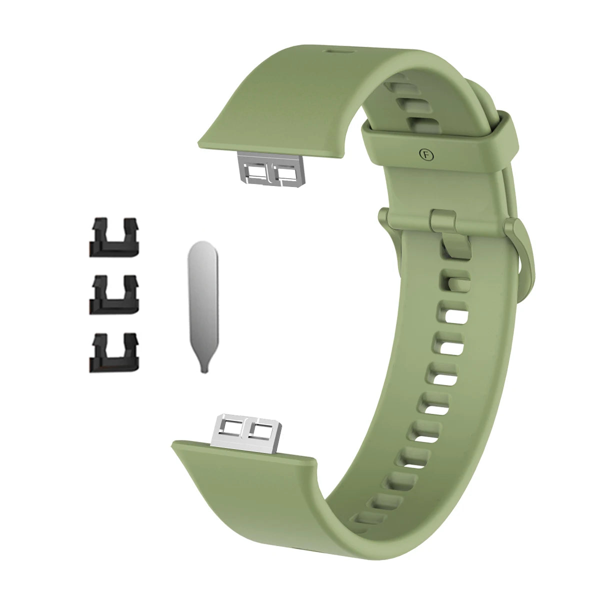 Helles grünes Silikonarmband für einen Fitness-Tracker, gezeigt mit verschiedenen Komponenten.