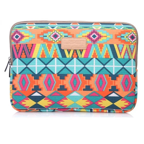A colorful patterned canvas laptop sleeve featuring geometric designs in orange, teal, pink, and yellow.