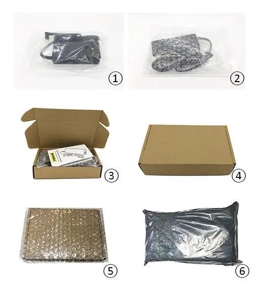 Seis opciones de empaque para el adaptador de corriente de laptop universal (65W), incluyendo bolsas de plástico y cajas de c
