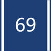 A dark blue square with a white number 69 centered between two vertical white bars.
