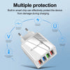 A silver wall adapter with four ports is shown, illustrating multiple protection features for charging devices.