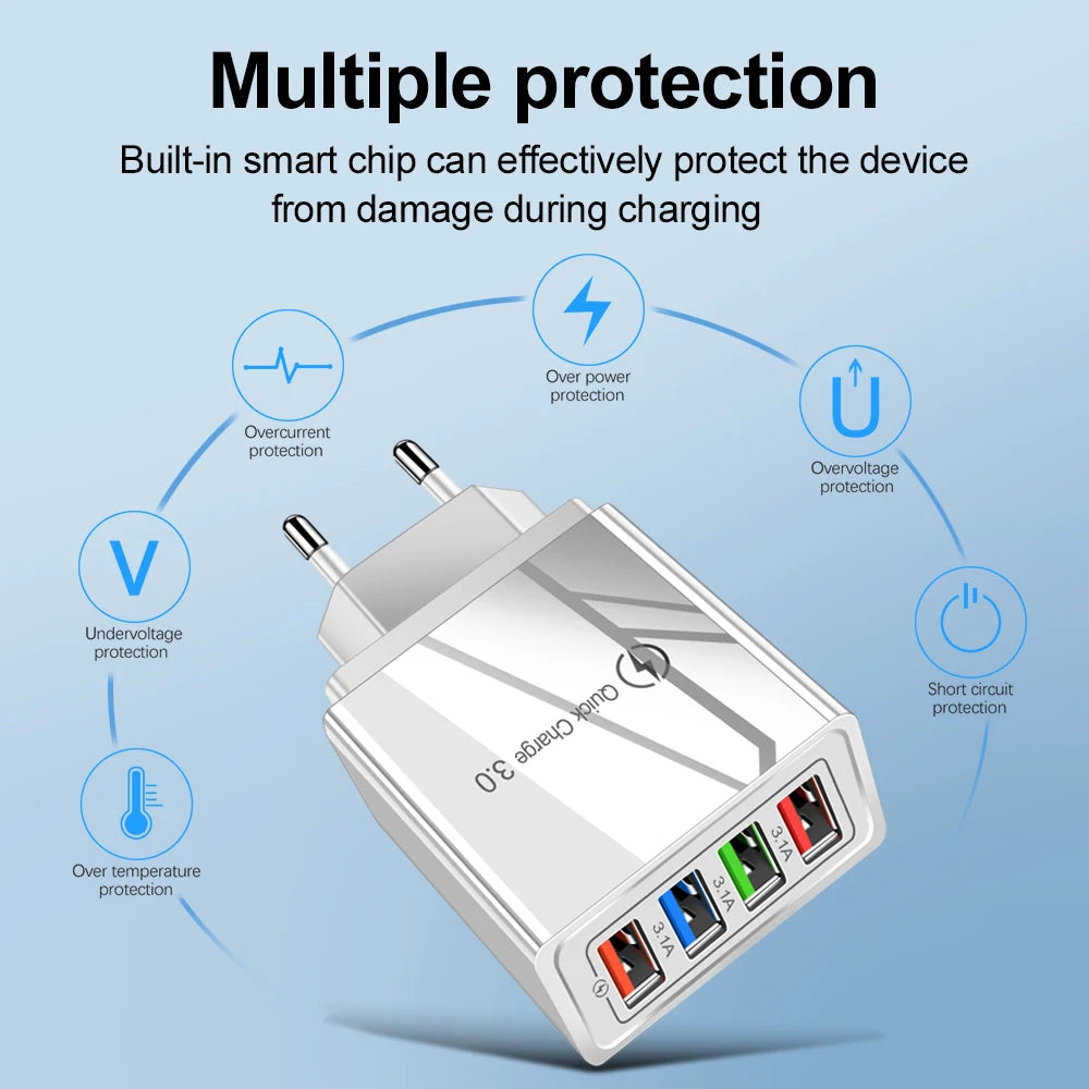 A silver wall adapter with four ports is shown, illustrating multiple protection features for charging devices.
