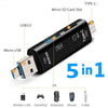 A black 5-in-1 OTG card reader featuring USB, Type-C, and Micro-USB ports for various devices.