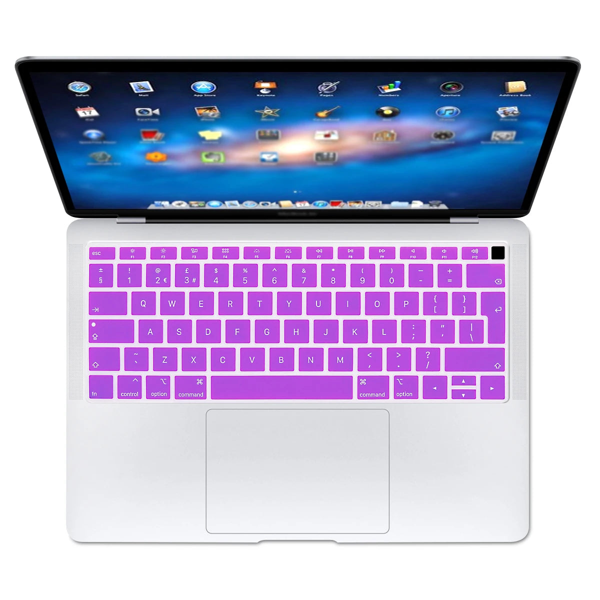 A white silicone keyboard cover for a MacBook, featuring a purple keycap layout and a display showing various icons.