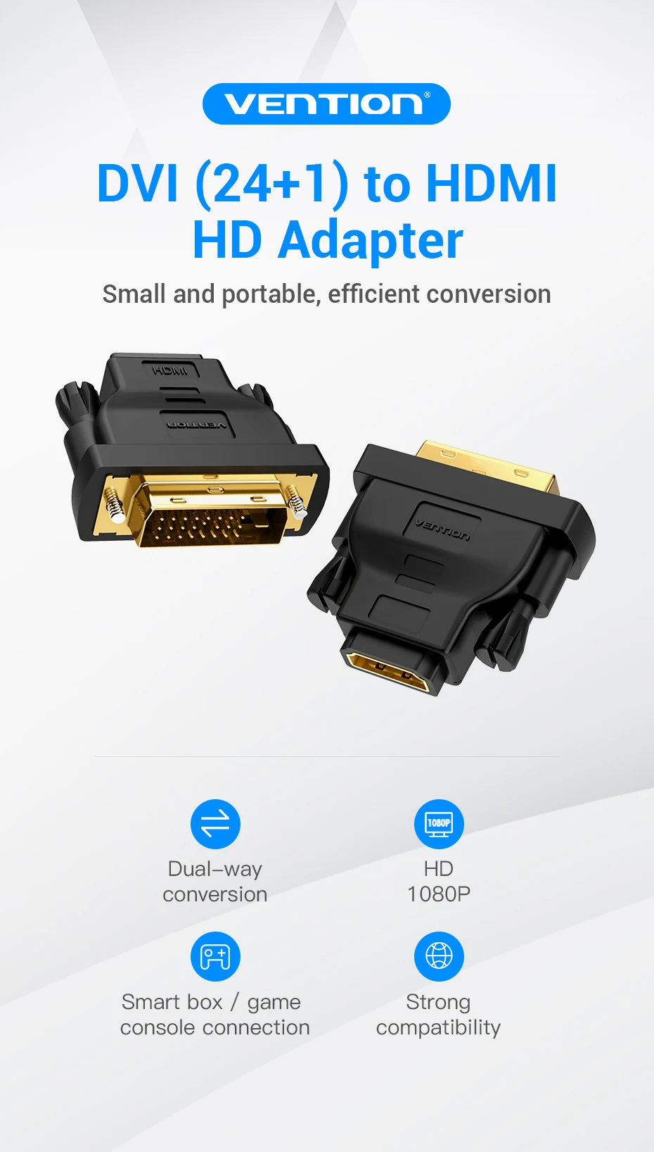 محول DVI إلى HDMI أسود بجانب تغليفه، يسلط الضوء على التحويل ثنائي الاتجاه وتوافق HD 1080P.