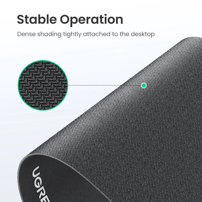 Close-up view of a black non-slip rubber mouse pad with dense shading tightly attached to the desktop.